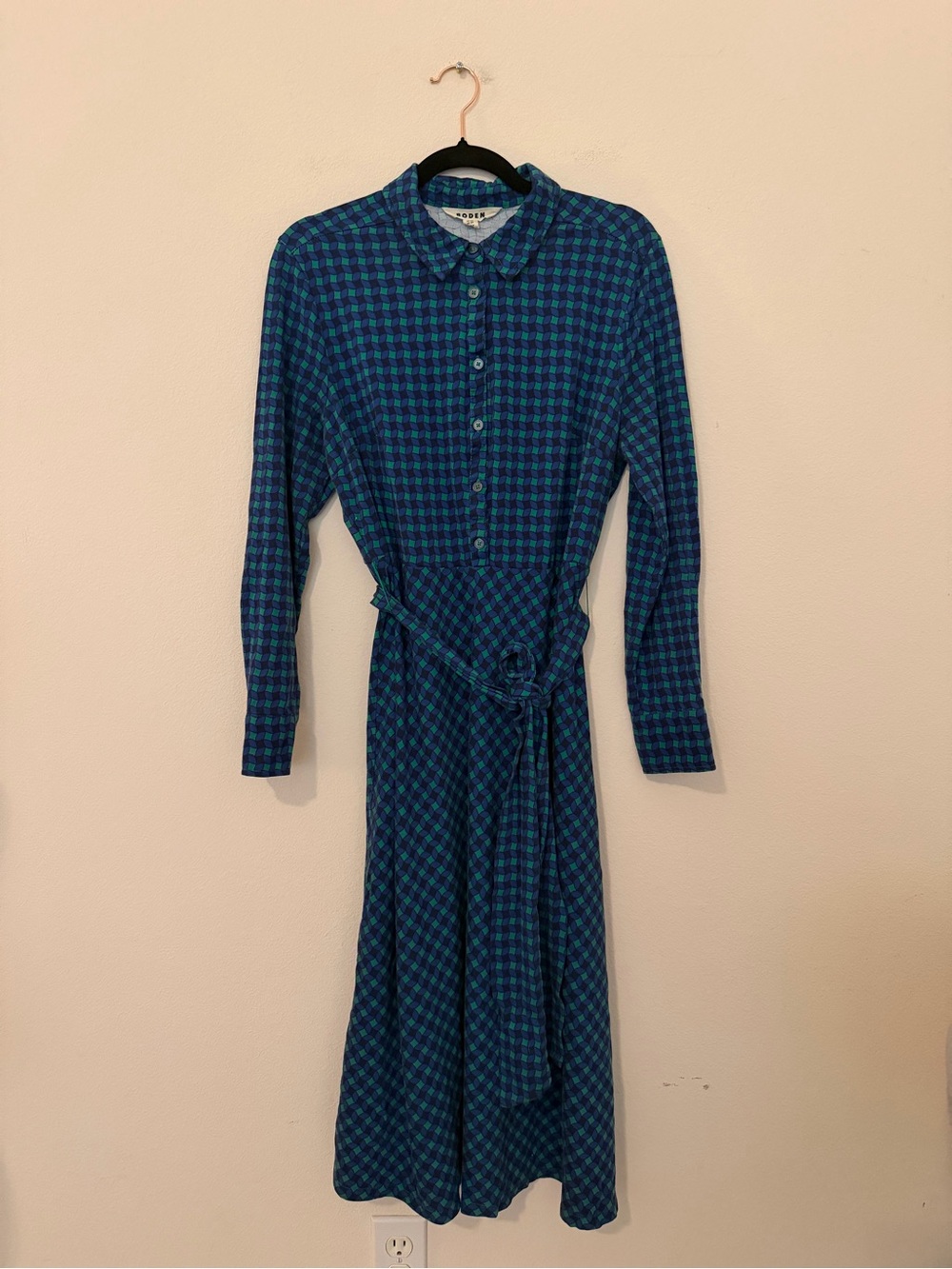 Boden Laura Jersey Midi Shirt Dress Size 12R Blue & Green Geometric Print Autumn